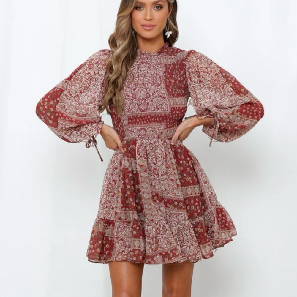 Polly Burgundy Patterned Ruffle Neck Long Sleeve Fit & Flare Dress